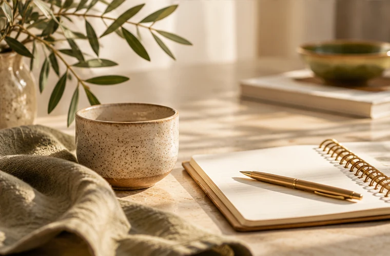 Taccuino e tazza in un ambiente tranquillo