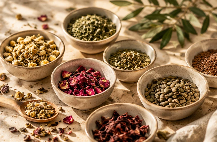 Ciotole di erbe, semi e ingredienti botanici