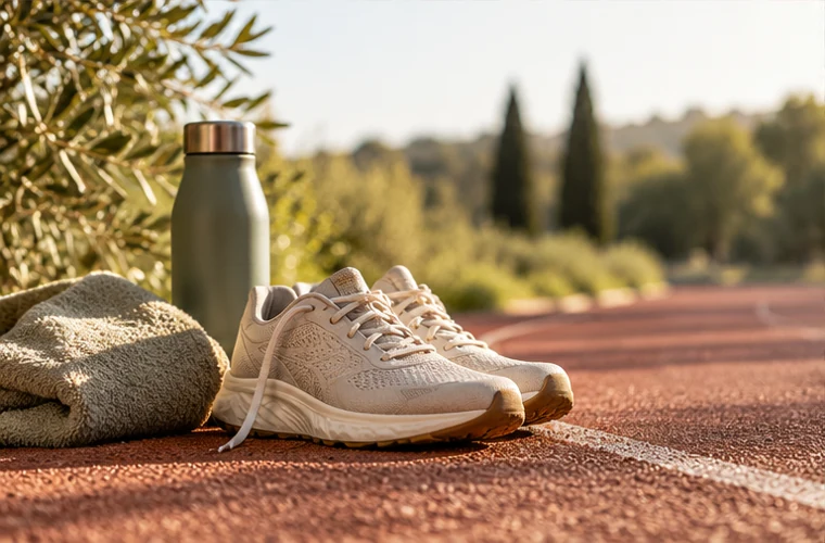 Scarpe da corsa e borraccia su un percorso all’aperto