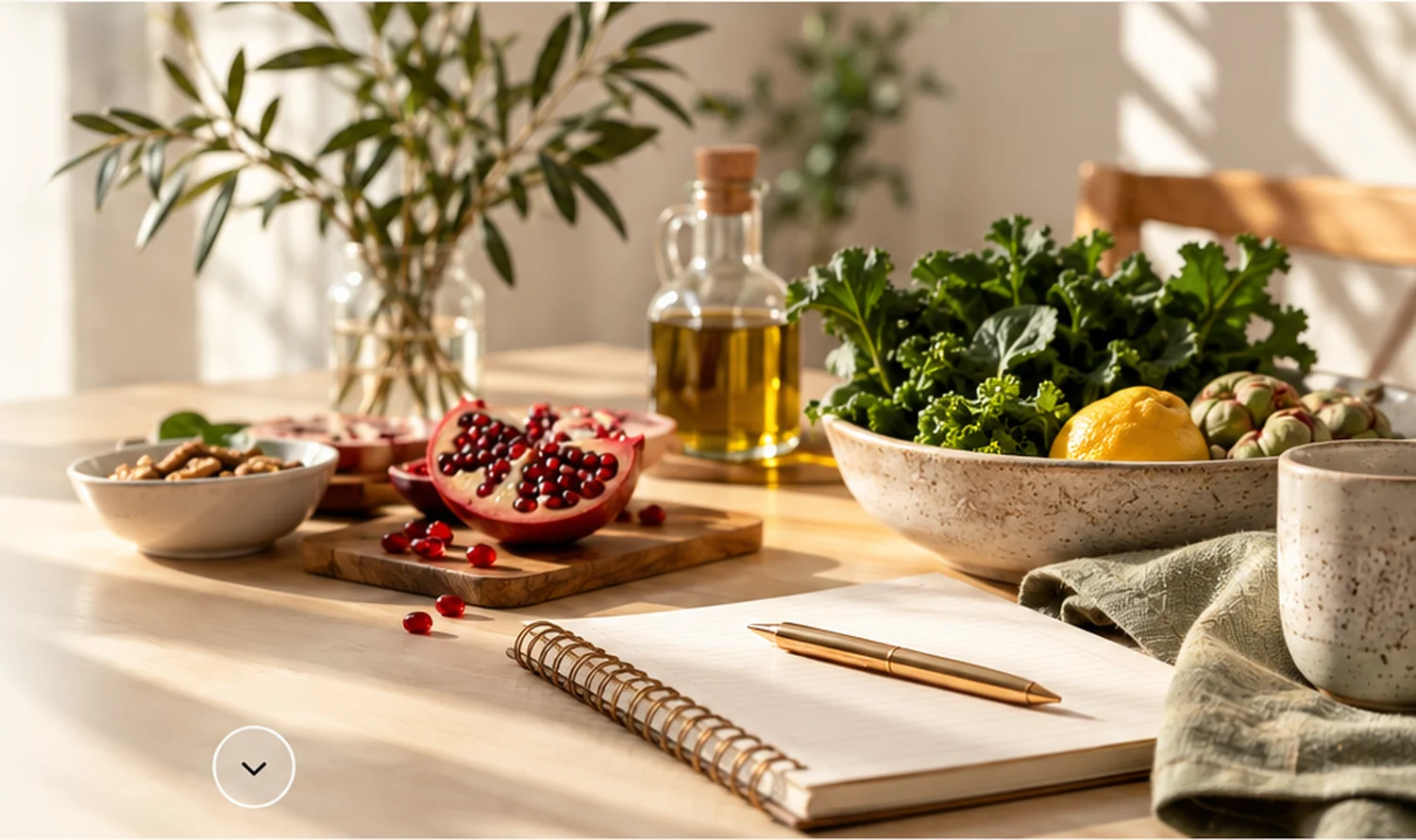 Ingredienti freschi, olio d’oliva e quaderno su un tavolo luminoso